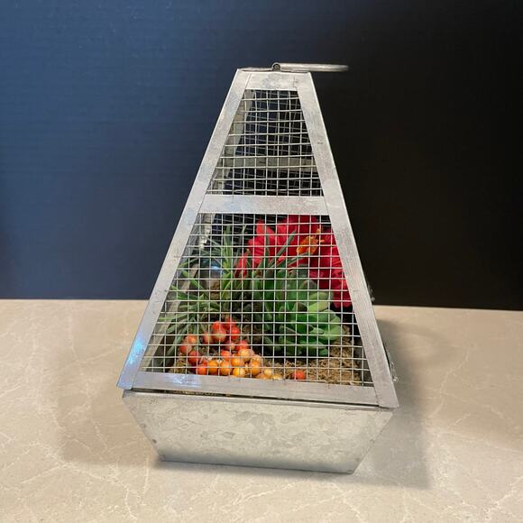 Galvanized metal faux flower terrarium cottage country home decor latch to open - Picture 2 of 8